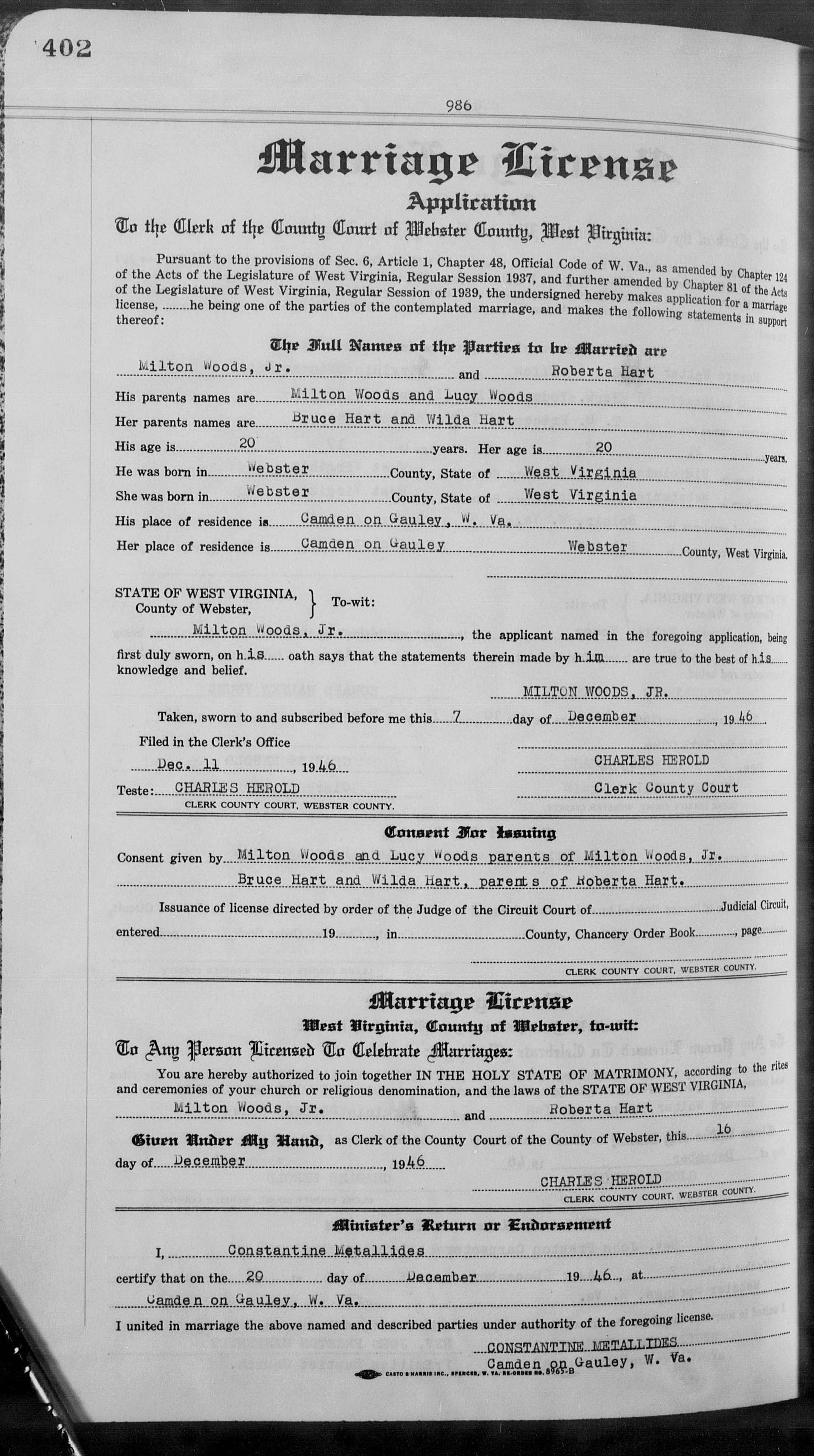 Bruce Kelly Hart and Wilda Wood Marriage License
